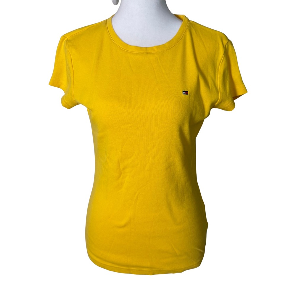 Tommy Hilfiger Womens Yellow Short Sleeve Crew Neck Flag Logo Tee Shirt Medium